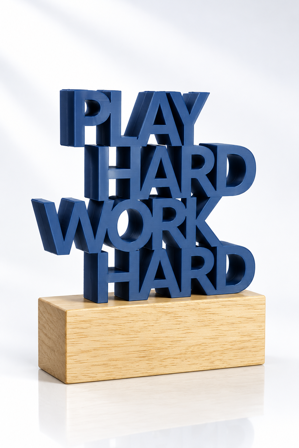 Navy Play Hard Work Hard 3D printed typography award on wood