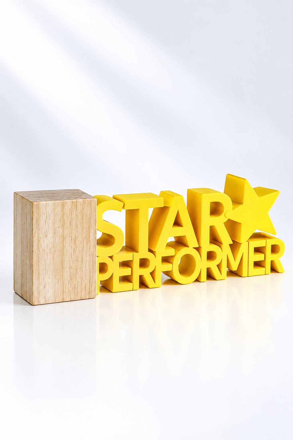 Yellow Star Performer 3D award with wooden block