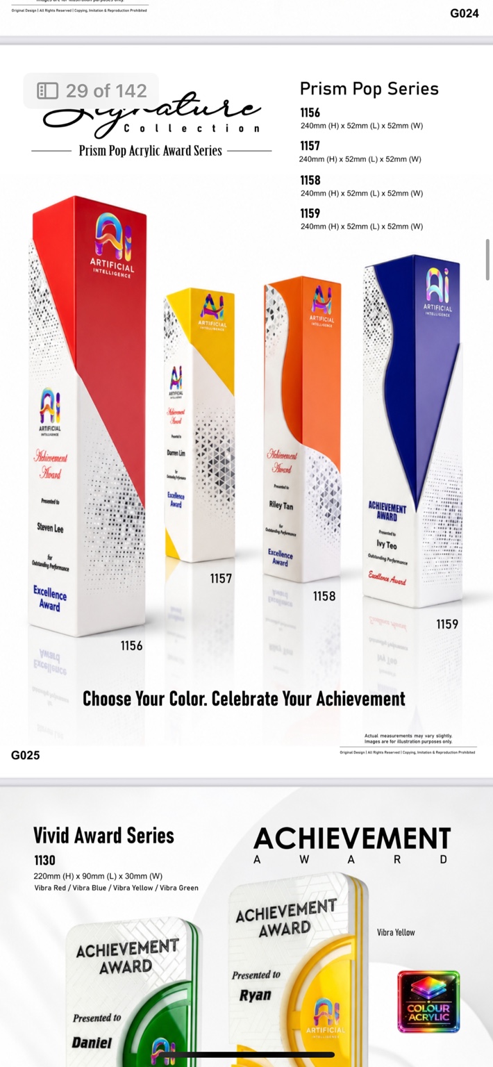 Original GoBig Prism Pop acrylic awards in red, yellow, orange and blue