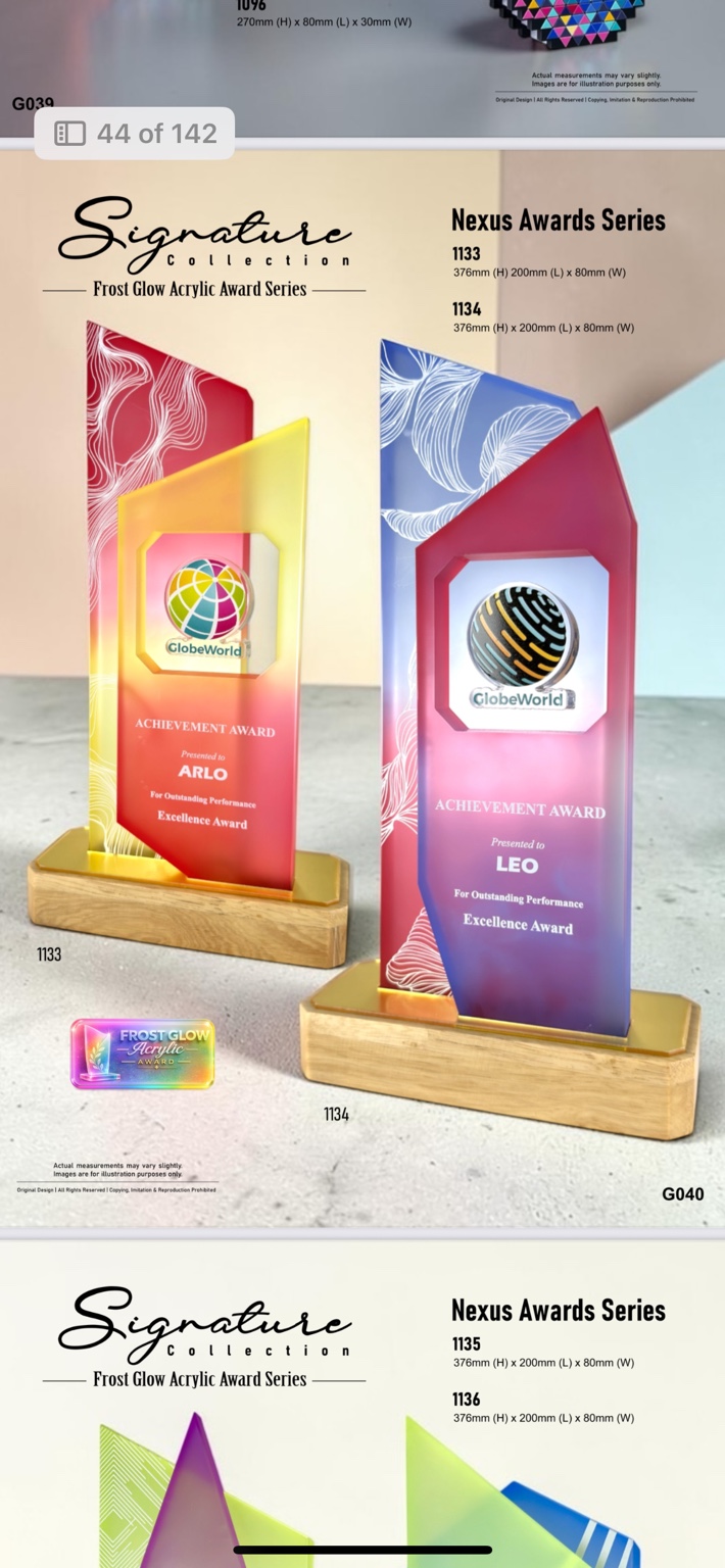 GoBig Frost Glow Nexus 1133 and 1134 acrylic awards on wood bases