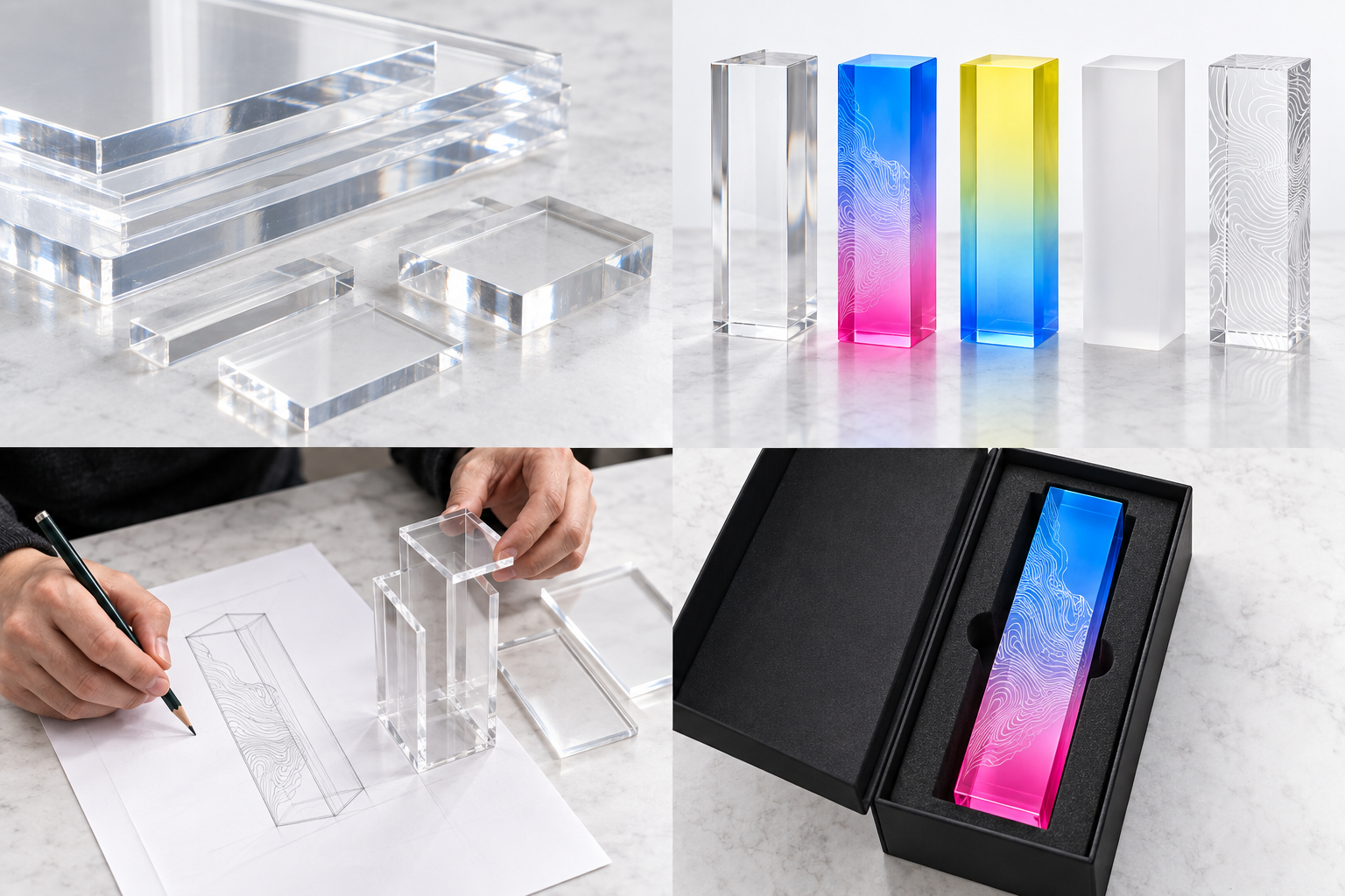 Blue and pink acrylic award lying inside its corresponding fitted box