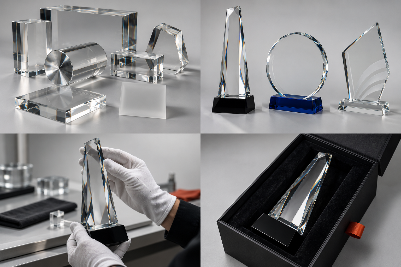 Faceted clear glass trophy and black base supported inside a fitted presentation box