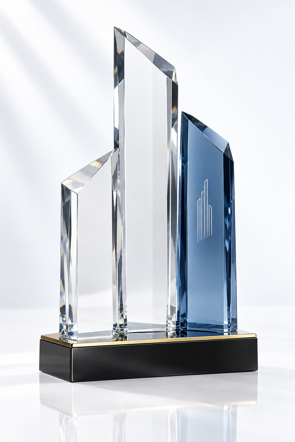 Clear and smoky-blue glass architectural trophy with staggered towers