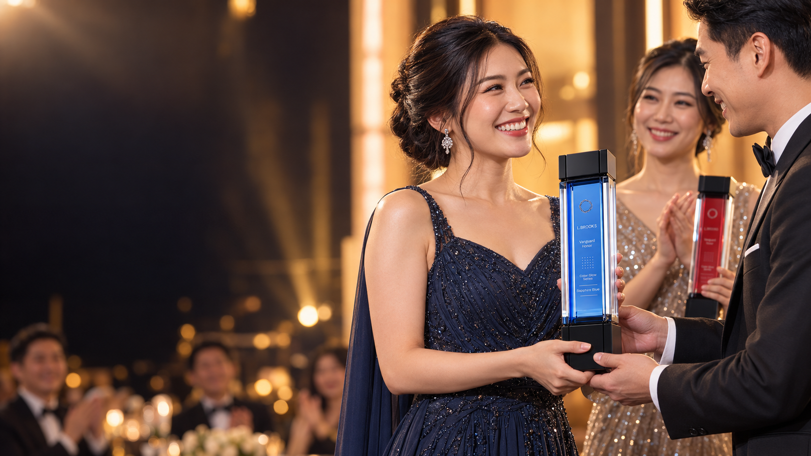 Illustrative gala award presentation featuring the GoBig Prism Glow trophy