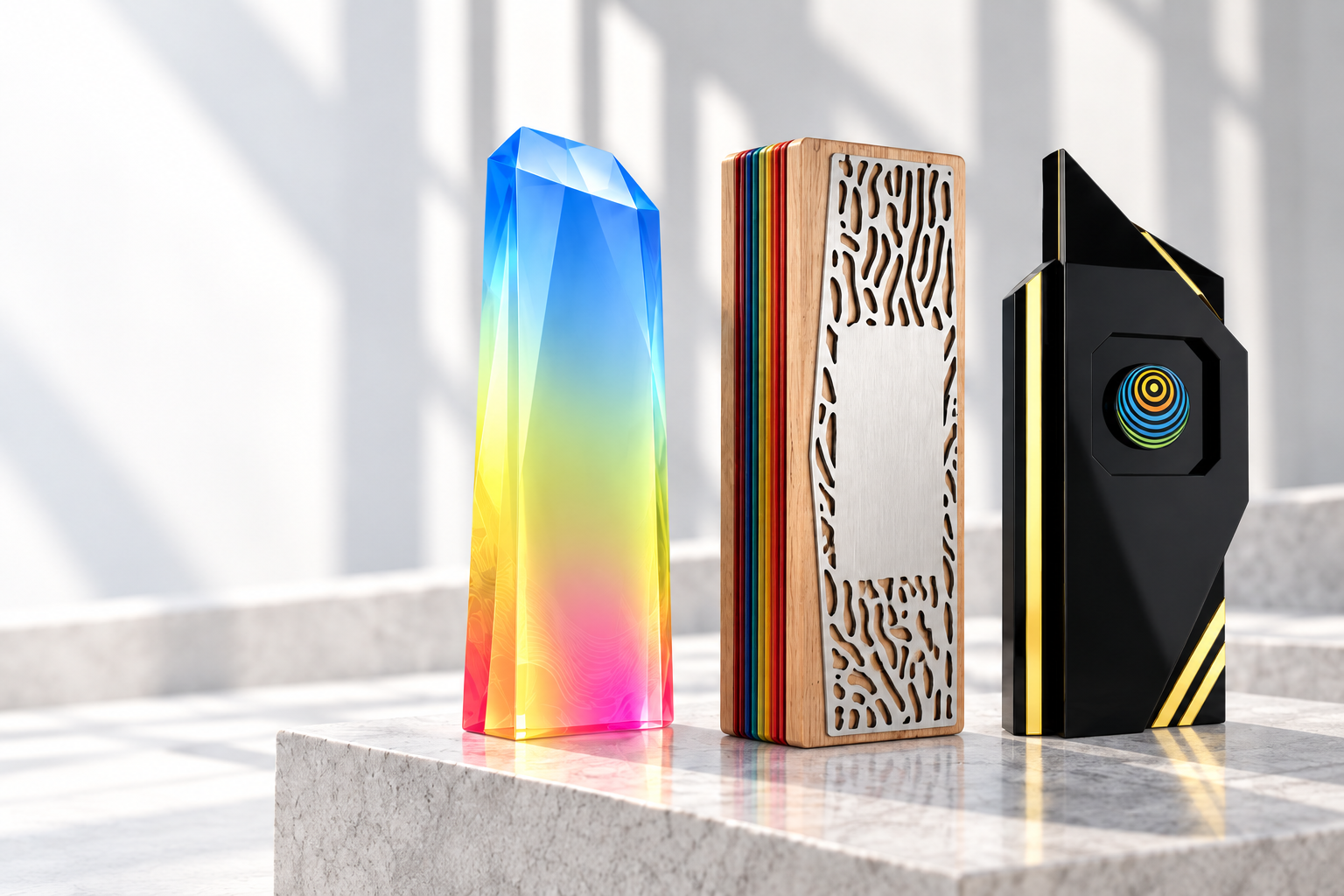 Frost Glow, Chroma Wood and Nexus awards on an architectural stone display