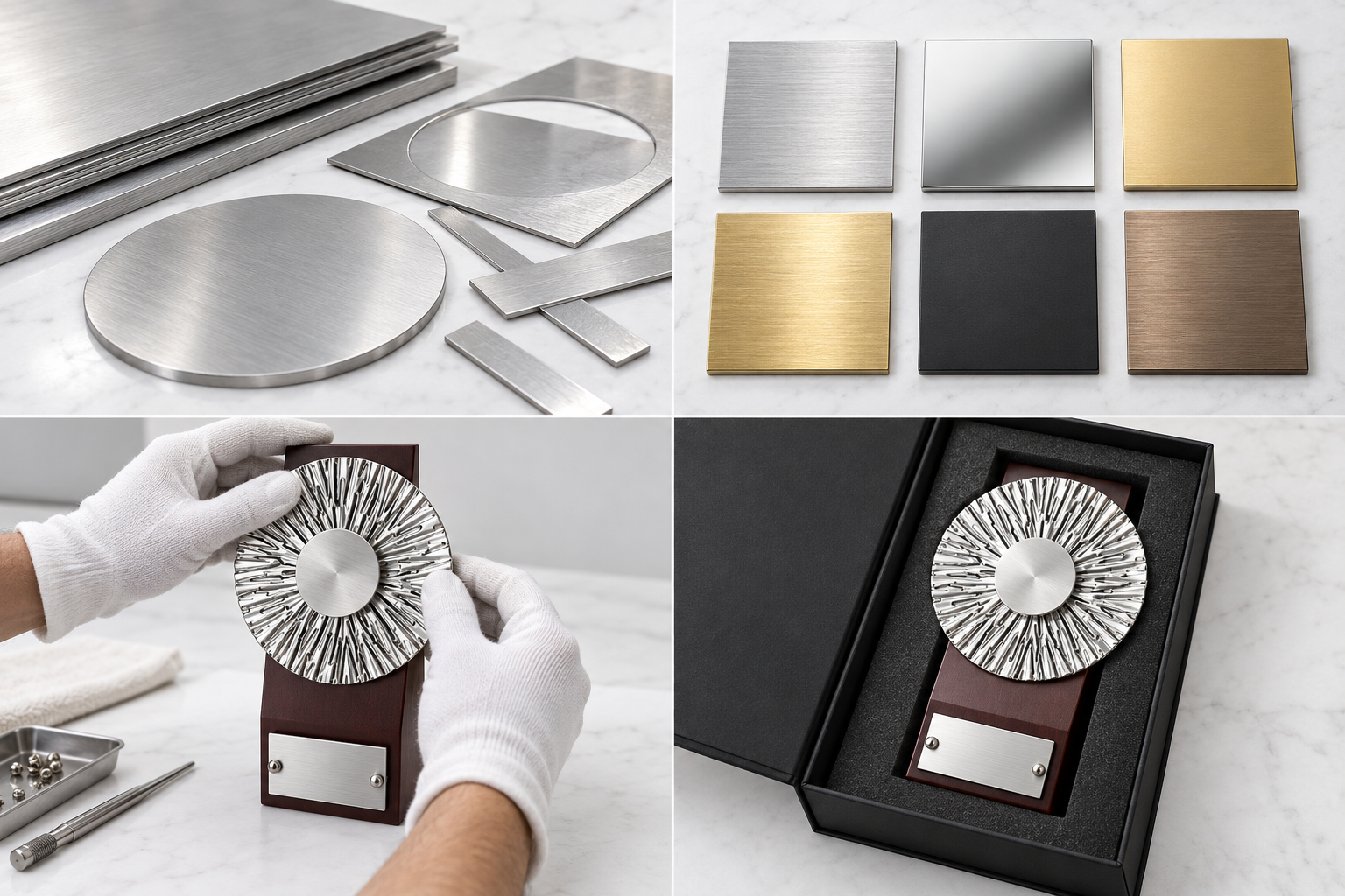 Radiance-style circular metal and wood award in matching black box