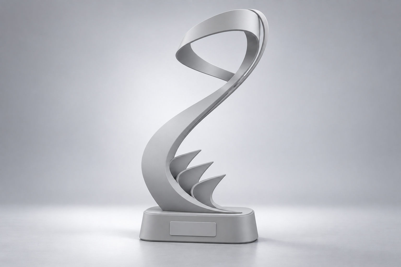 Illustrative gray 3D clay model of a motorsport trophy with a sweeping aerofoil ribbon, open centre and low plinth