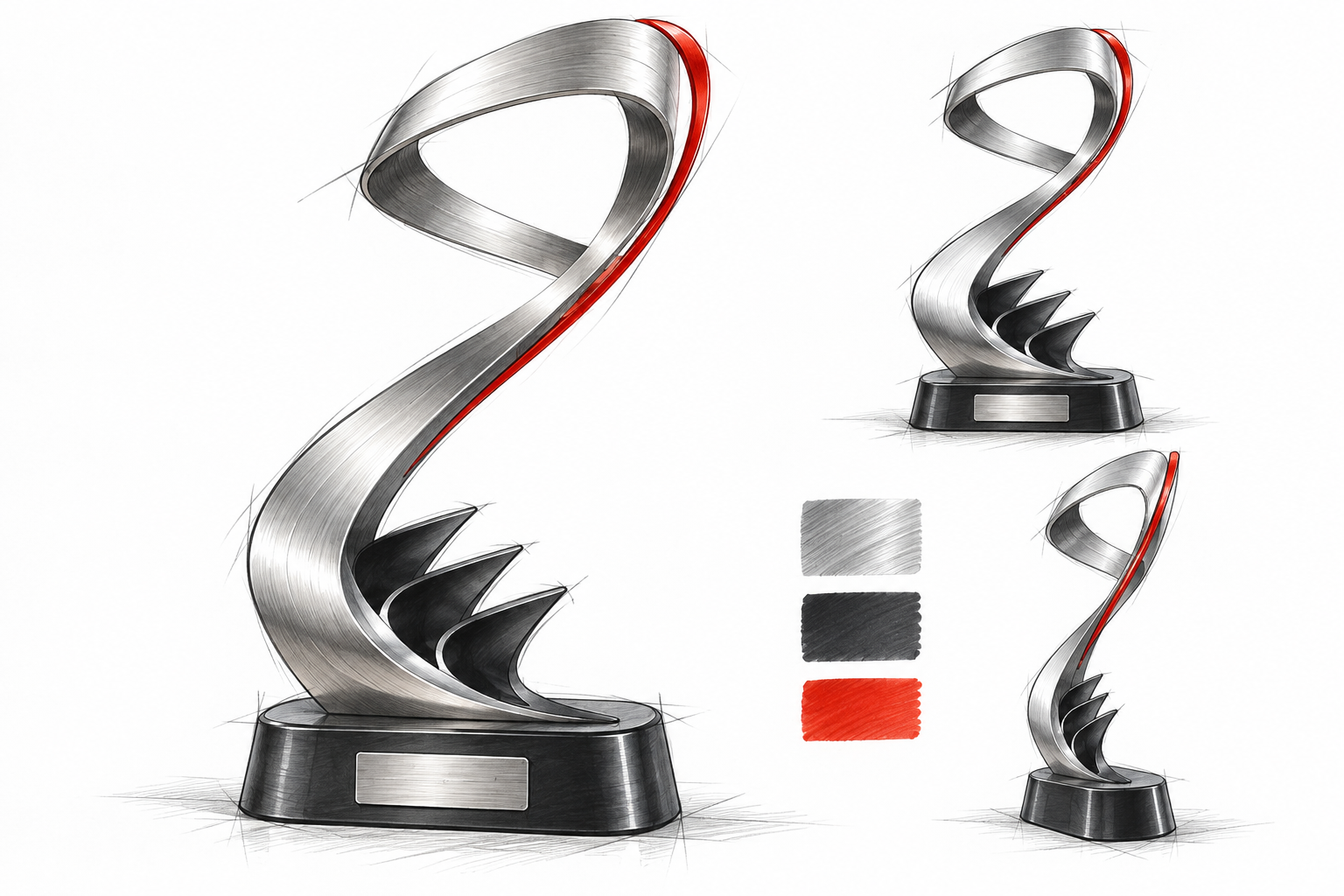 Motorsport award concept illustration with a perspective sketch, silhouette studies and silver black red material references