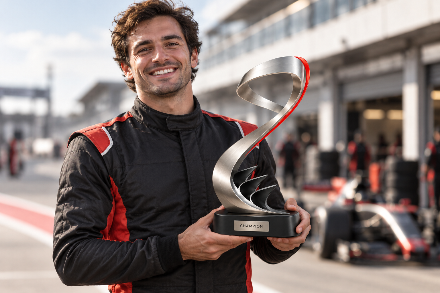 Illustrative motorsport winner holding the same silver black and red trophy beside a racetrack