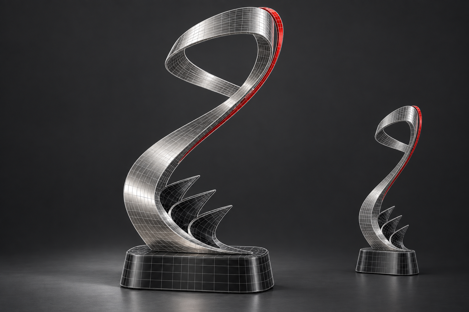Illustrative shaded 3D trophy study with wireframe edges and an alternate angle on a charcoal background