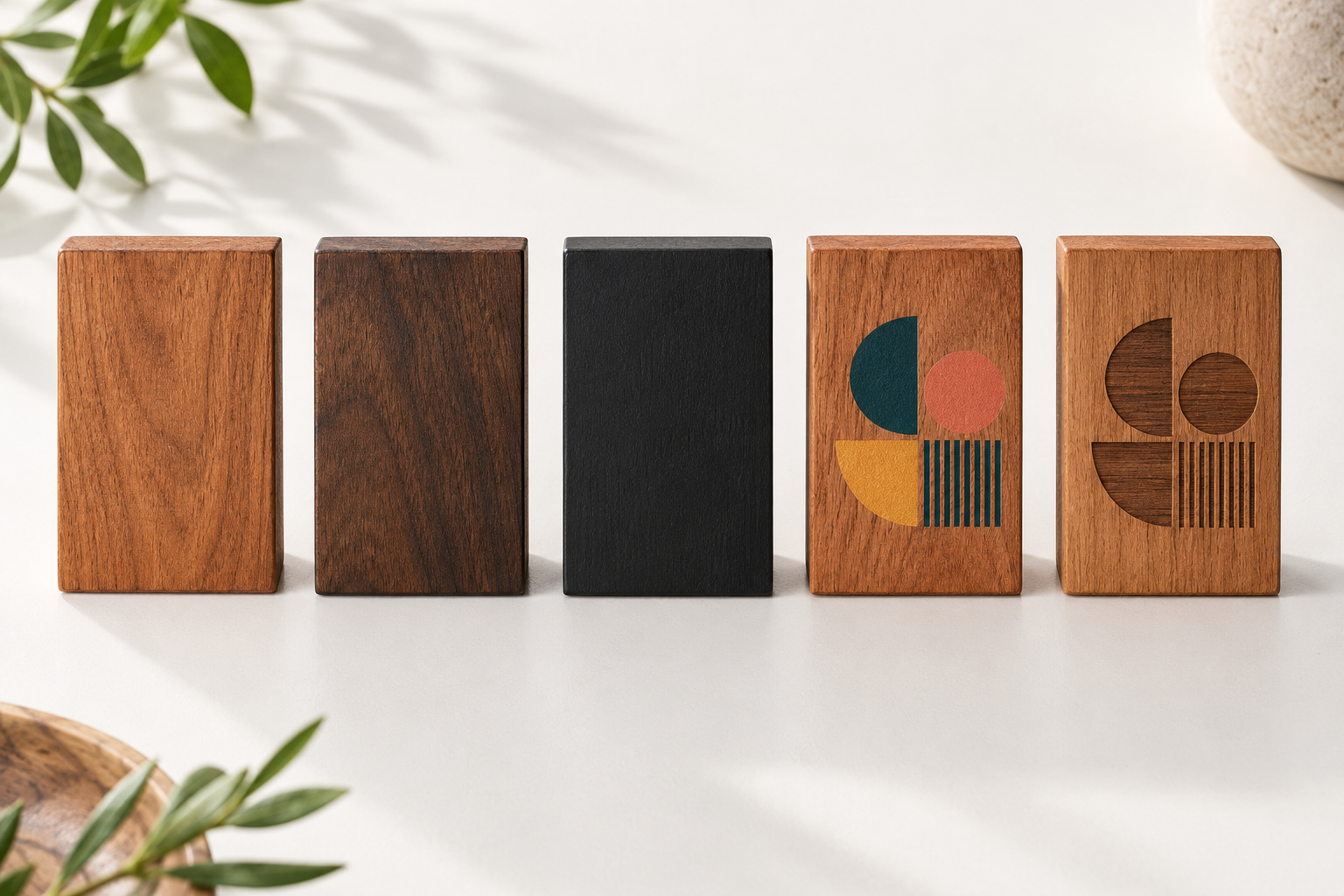 Illustrative wood samples: clear finish, dark stain, black paint, colour print and engraved detail