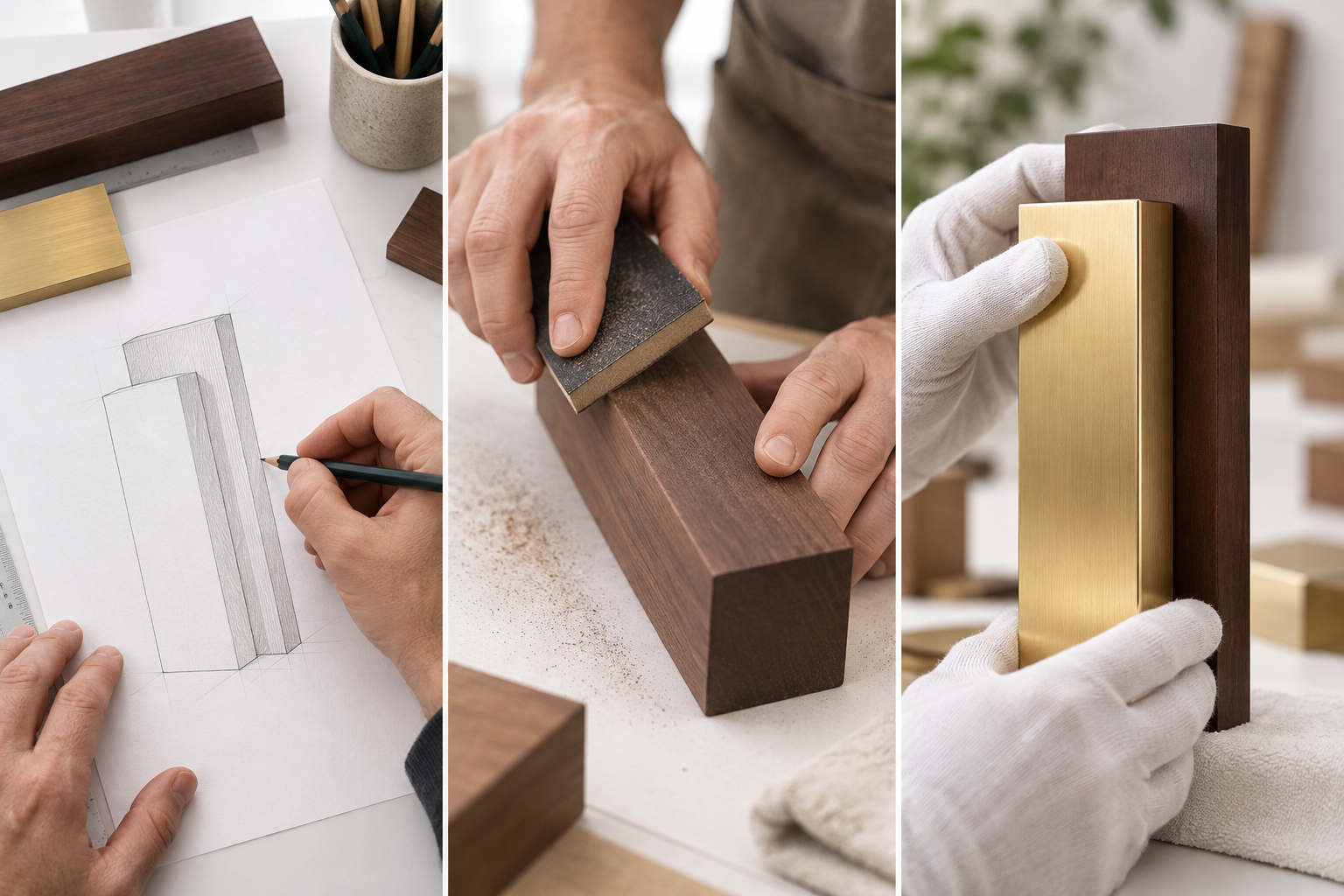 Illustrative process: drawing a wood and metal award, sanding the timber, and fitting the metal face