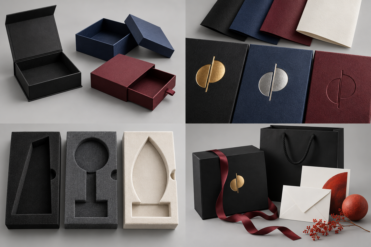 Coordinated rigid presentation box, paper carrier bag, story card, envelope and ribbon