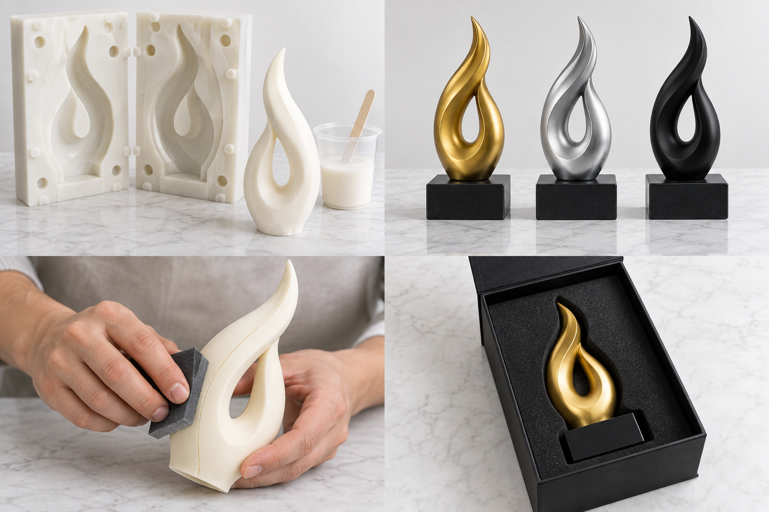 Gold-colour resin flame sculpture with its matching presentation box