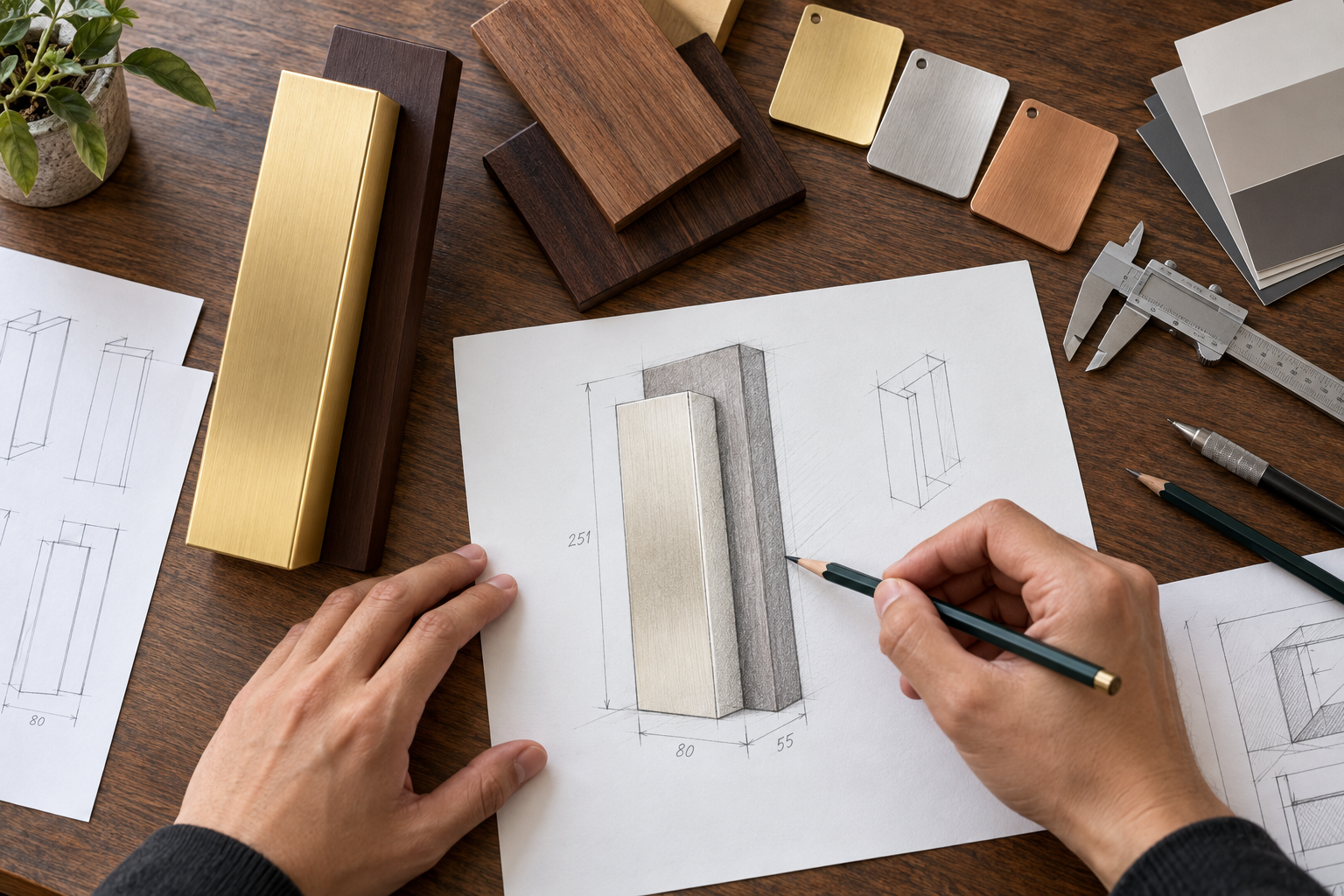 Illustrative design worktable with Nyatoh award sketches, wood samples and colour selections
